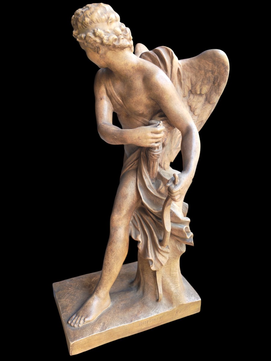 Sculpture en terre cuite, patiné brune représentant Cupidon XIXeme-photo-4
