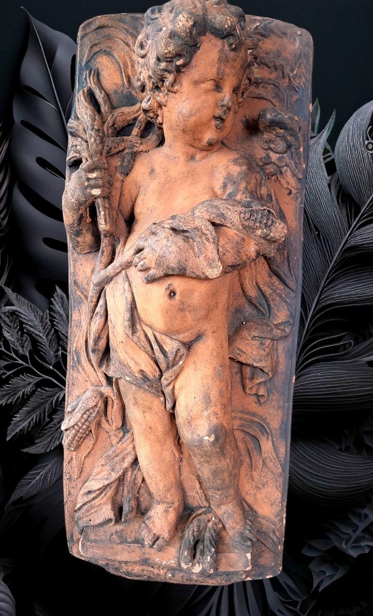 Importante sculpture en terre cuite Italienne -  Angelot à La Gerbe de Blé, Style Baroque- XVII