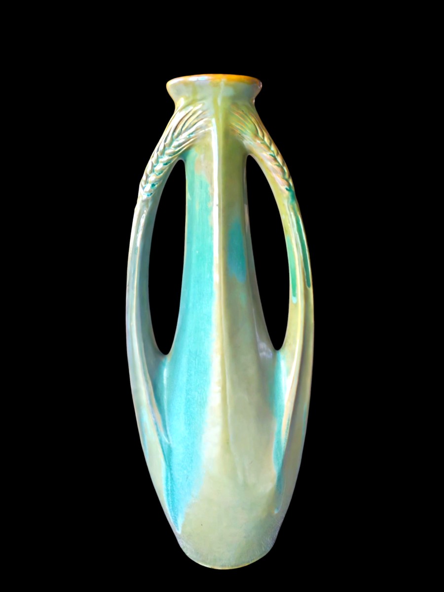 Pair Of Large Stoneware Vases With Turquoise Wheat Patina Cytere Rambervillers 20th Century-photo-2