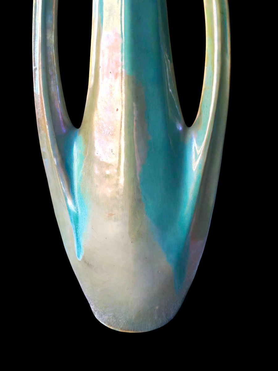 Pair Of Large Stoneware Vases With Turquoise Wheat Patina Cytere Rambervillers 20th Century-photo-3