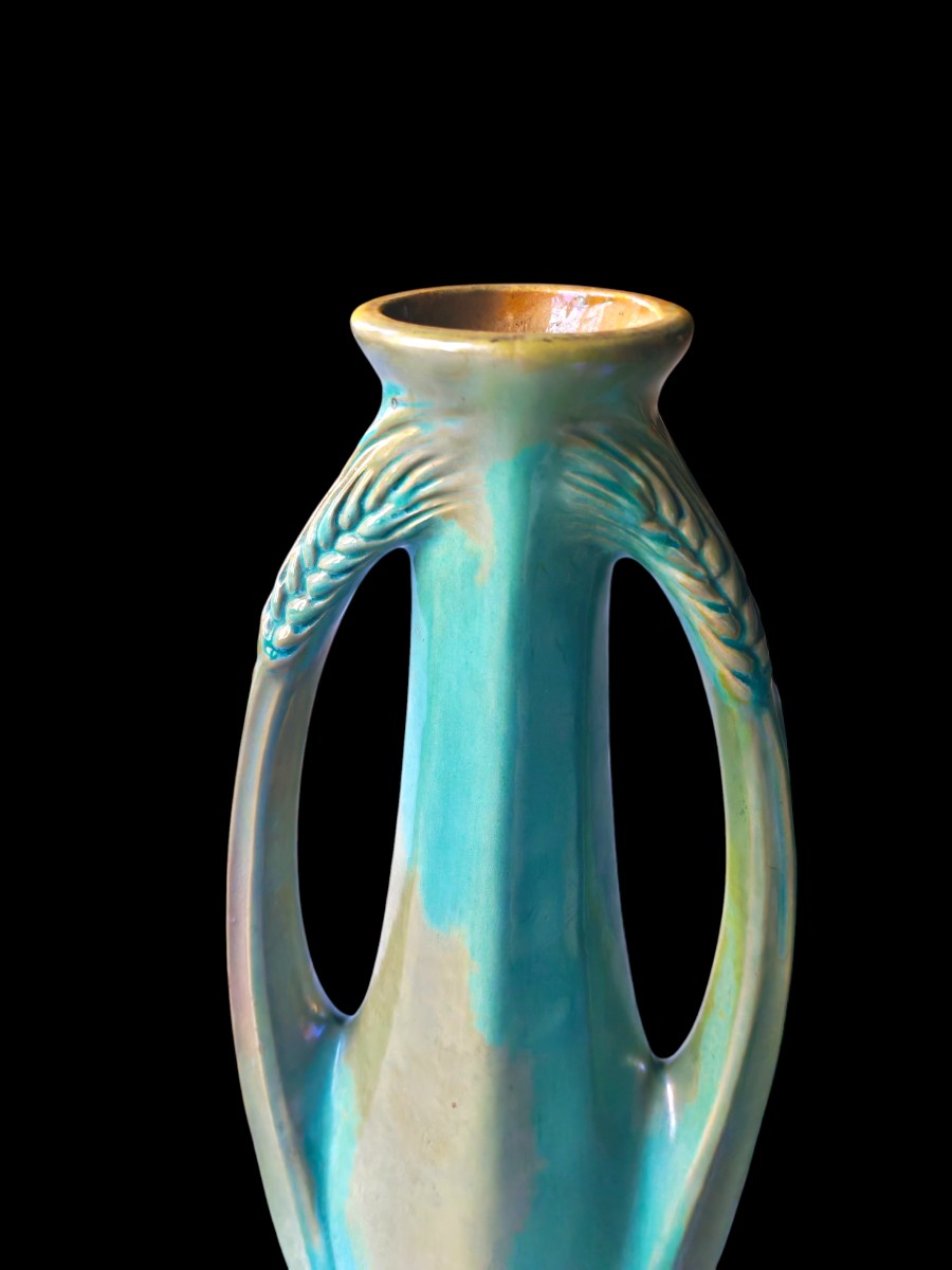 Pair Of Large Stoneware Vases With Turquoise Wheat Patina Cytere Rambervillers 20th Century-photo-4