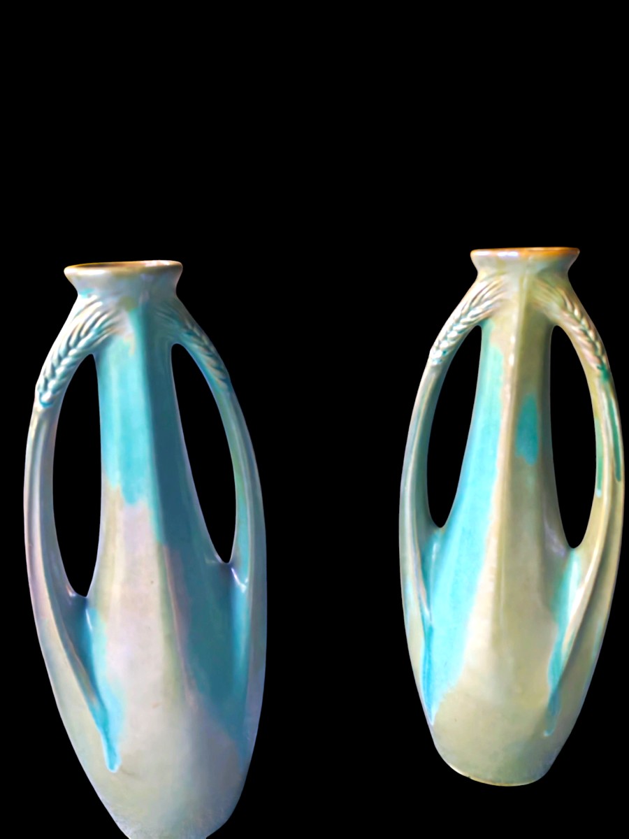 Pair Of Large Stoneware Vases With Turquoise Wheat Patina Cytere Rambervillers 20th Century-photo-1