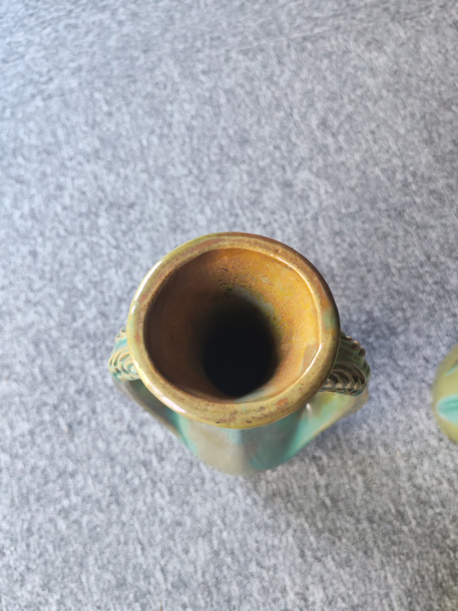 Pair Of Large Stoneware Vases With Turquoise Wheat Patina Cytere Rambervillers 20th Century-photo-2