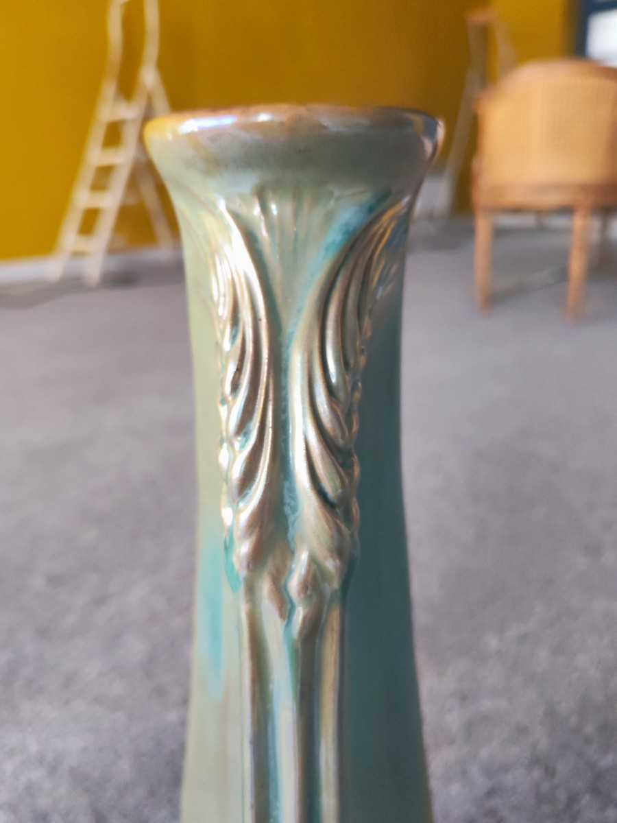 Pair Of Large Stoneware Vases With Turquoise Wheat Patina Cytere Rambervillers 20th Century-photo-4