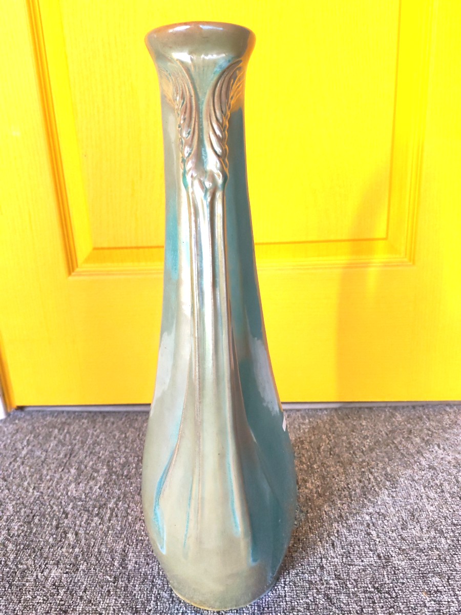 Pair Of Large Stoneware Vases With Turquoise Wheat Patina Cytere Rambervillers 20th Century-photo-5