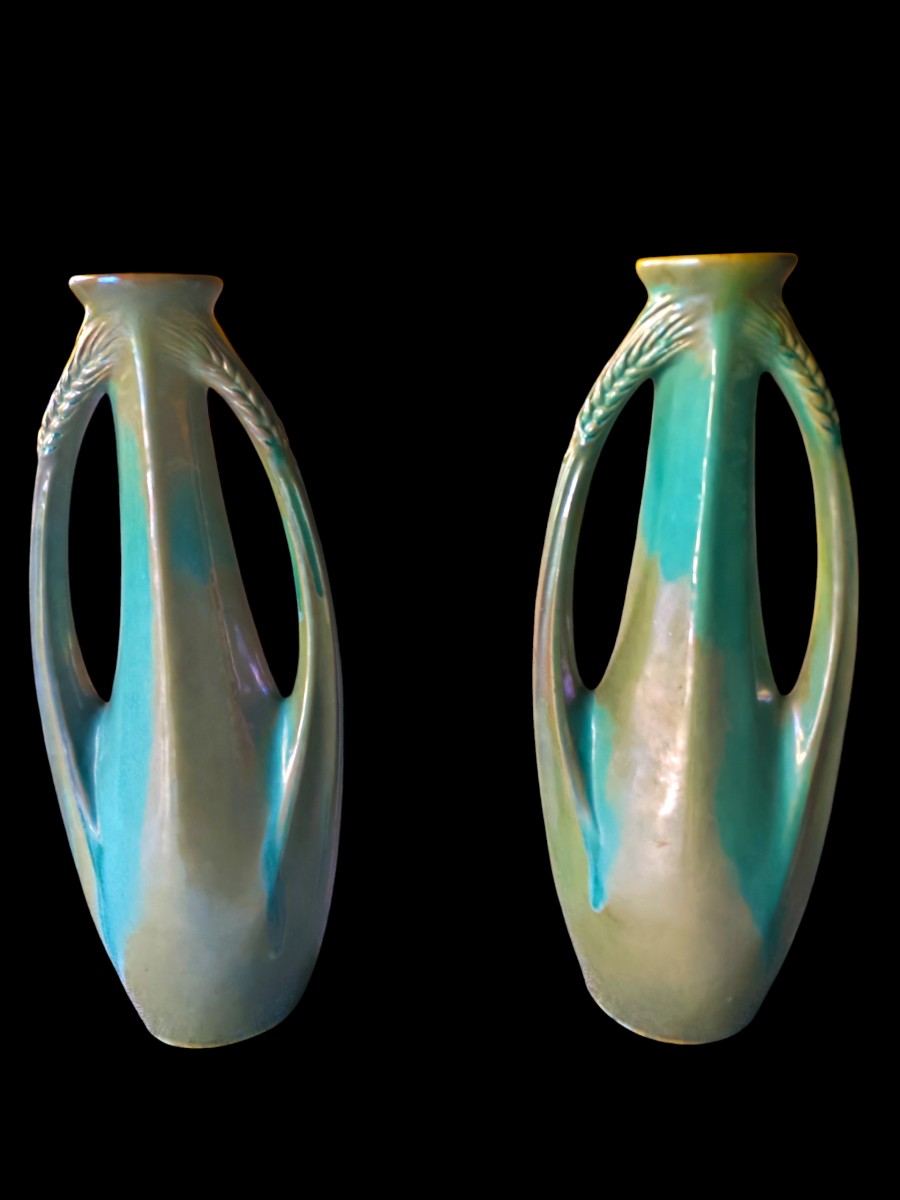 Pair Of Large Stoneware Vases With Turquoise Wheat Patina Cytere Rambervillers 20th Century