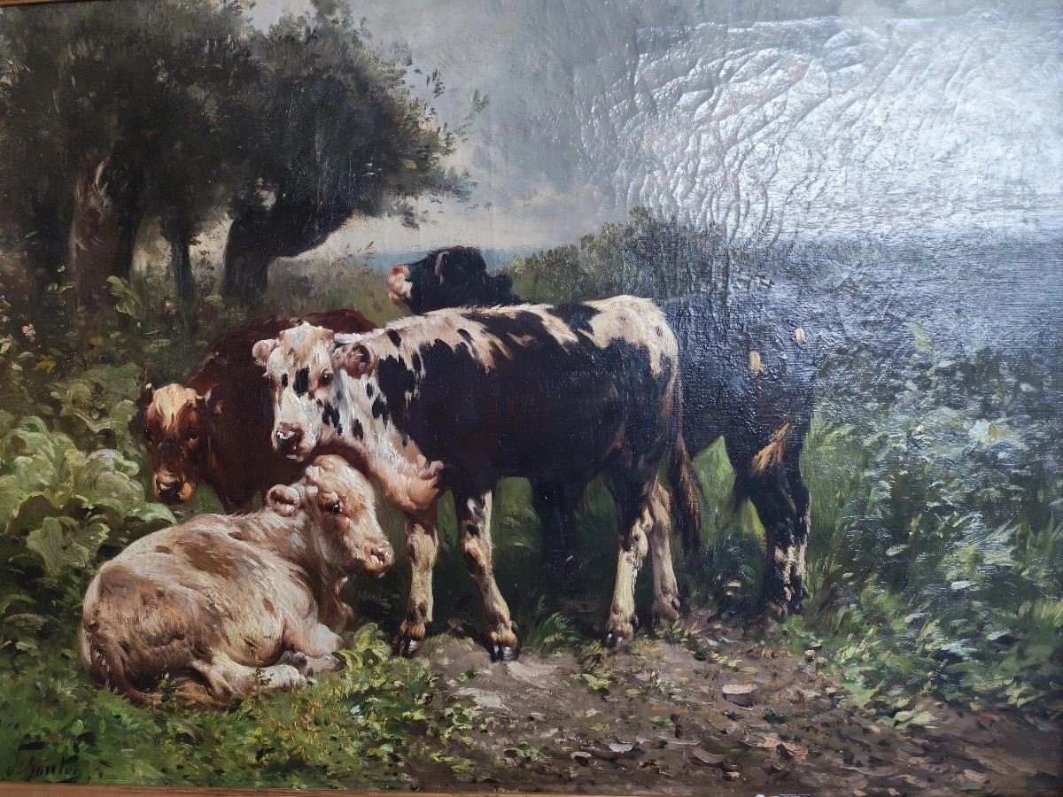 Huile sur toile de belle taille "les vaches" signé d Henry SCHOUTEN fin XIXeme -photo-2