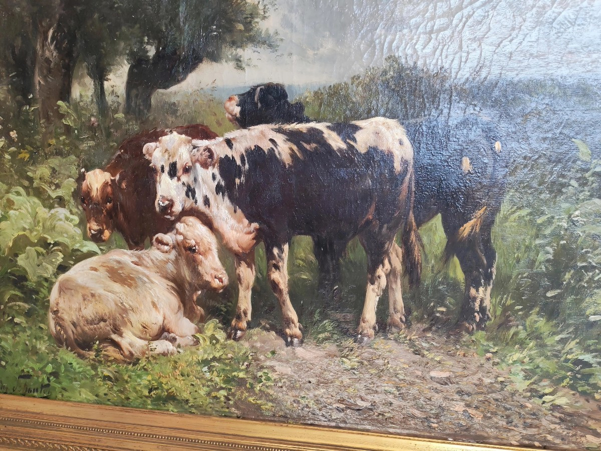Huile sur toile de belle taille "les vaches" signé d Henry SCHOUTEN fin XIXeme -photo-3