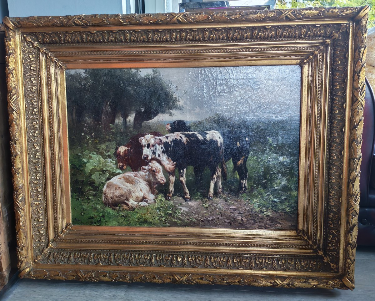 Huile sur toile de belle taille "les vaches" signé d Henry SCHOUTEN fin XIXeme -photo-3