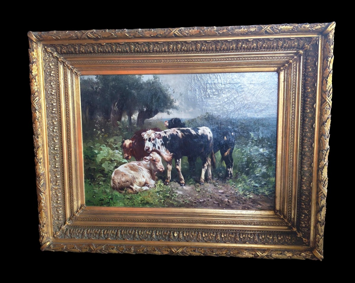 Huile sur toile de belle taille "les vaches" signé d Henry SCHOUTEN fin XIXeme 