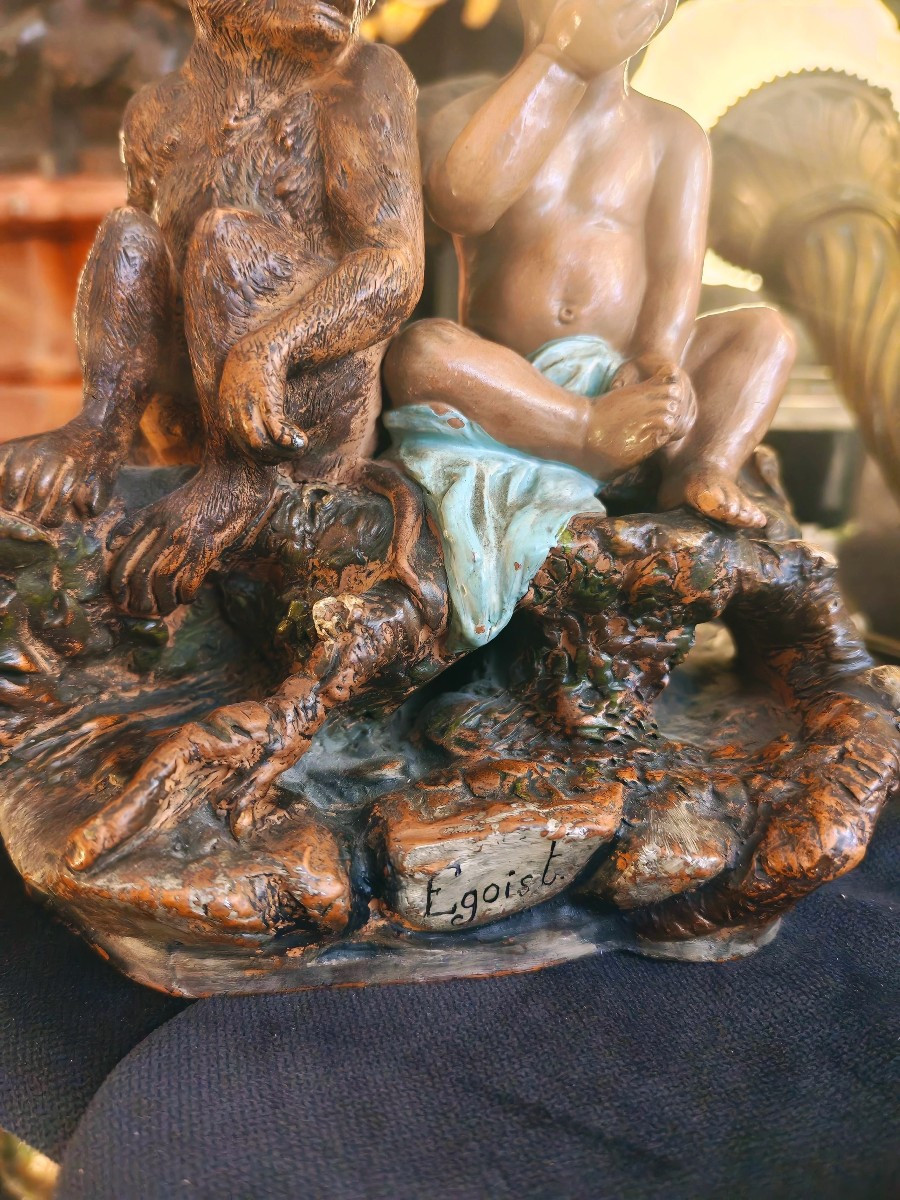 Sculpture en terre cuite polychrome signée par le maître Egoise, titré égoïst XIX-photo-2