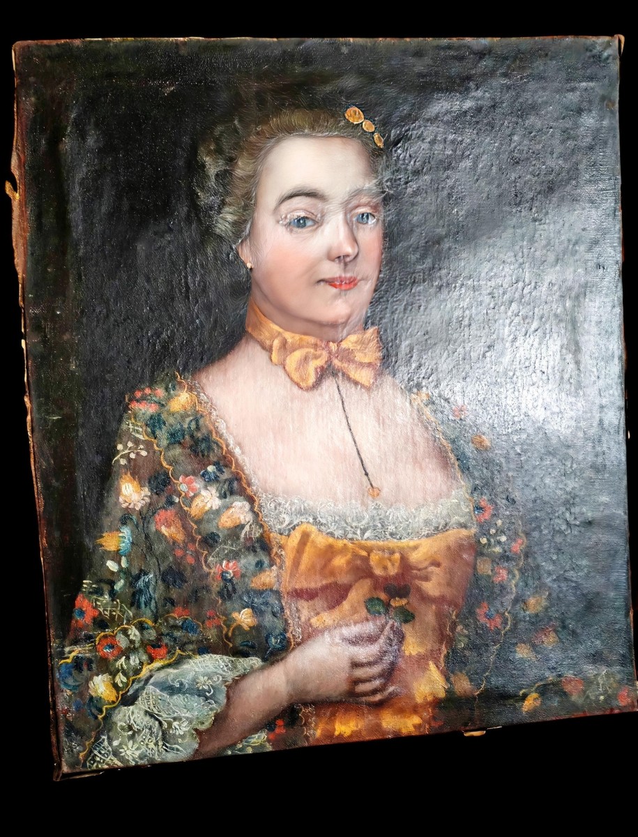 Oil Painting On Canvas, Portrait Of A Woman From The Provincial Bourgeoisie, 18th Century