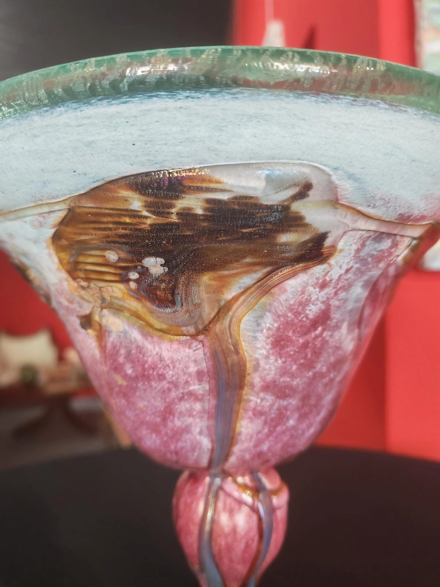 Bowl On Foot, Blown Chalice Shape With Inclusions Signed J.c Novaro-photo-2