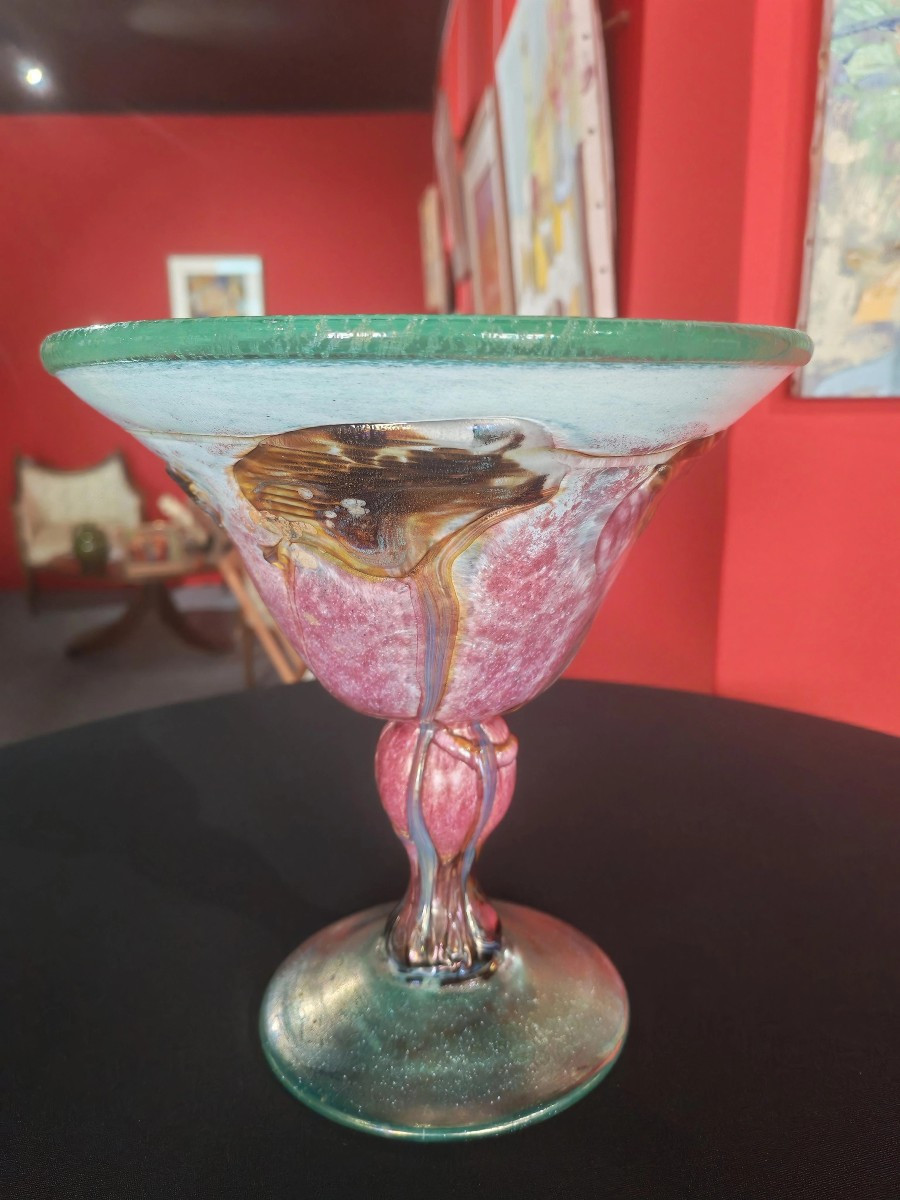 Bowl On Foot, Blown Chalice Shape With Inclusions Signed J.c Novaro-photo-3