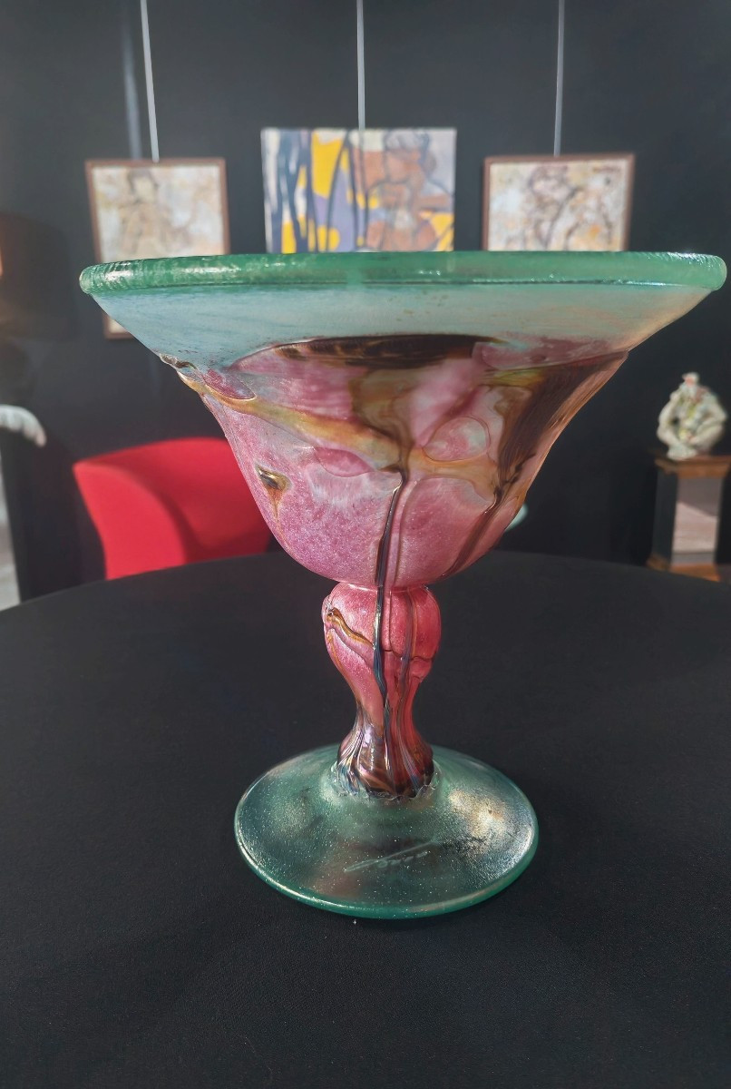 Bowl On Foot, Blown Chalice Shape With Inclusions Signed J.c Novaro-photo-2