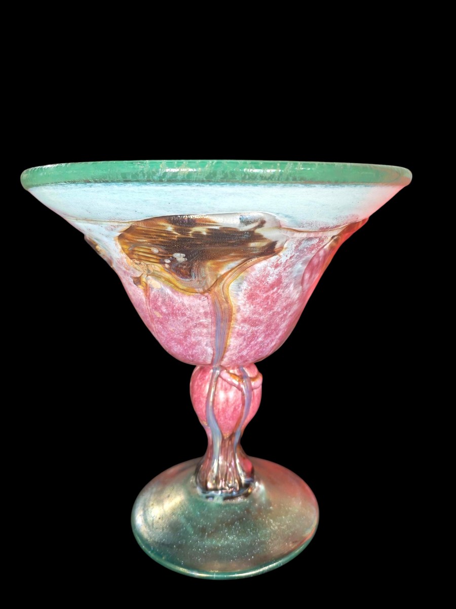 Bowl On Foot, Blown Chalice Shape With Inclusions Signed J.c Novaro