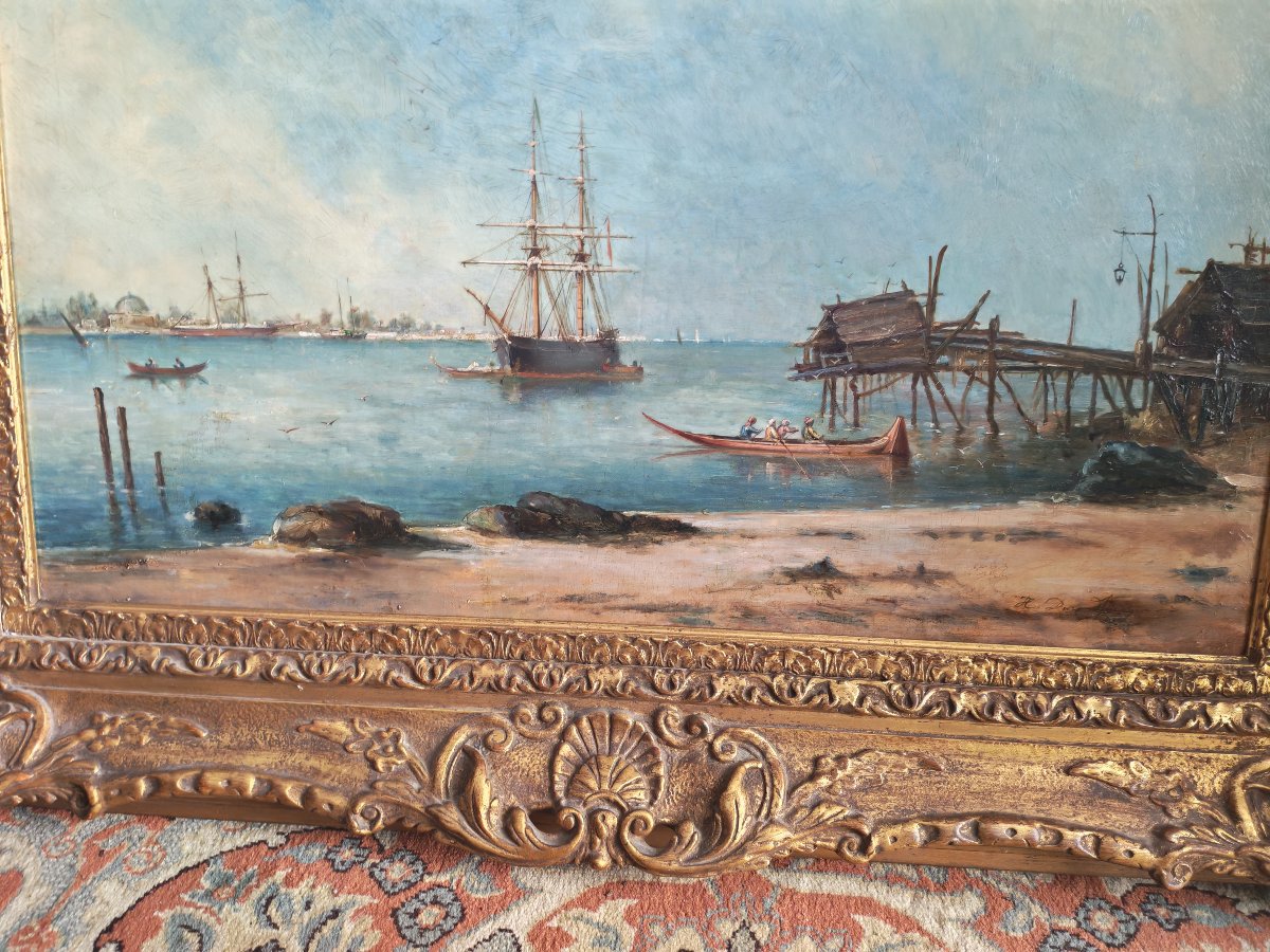 Huile sur panneau, marine orientaliste signe Henri Duvieux - XIXeme-photo-2