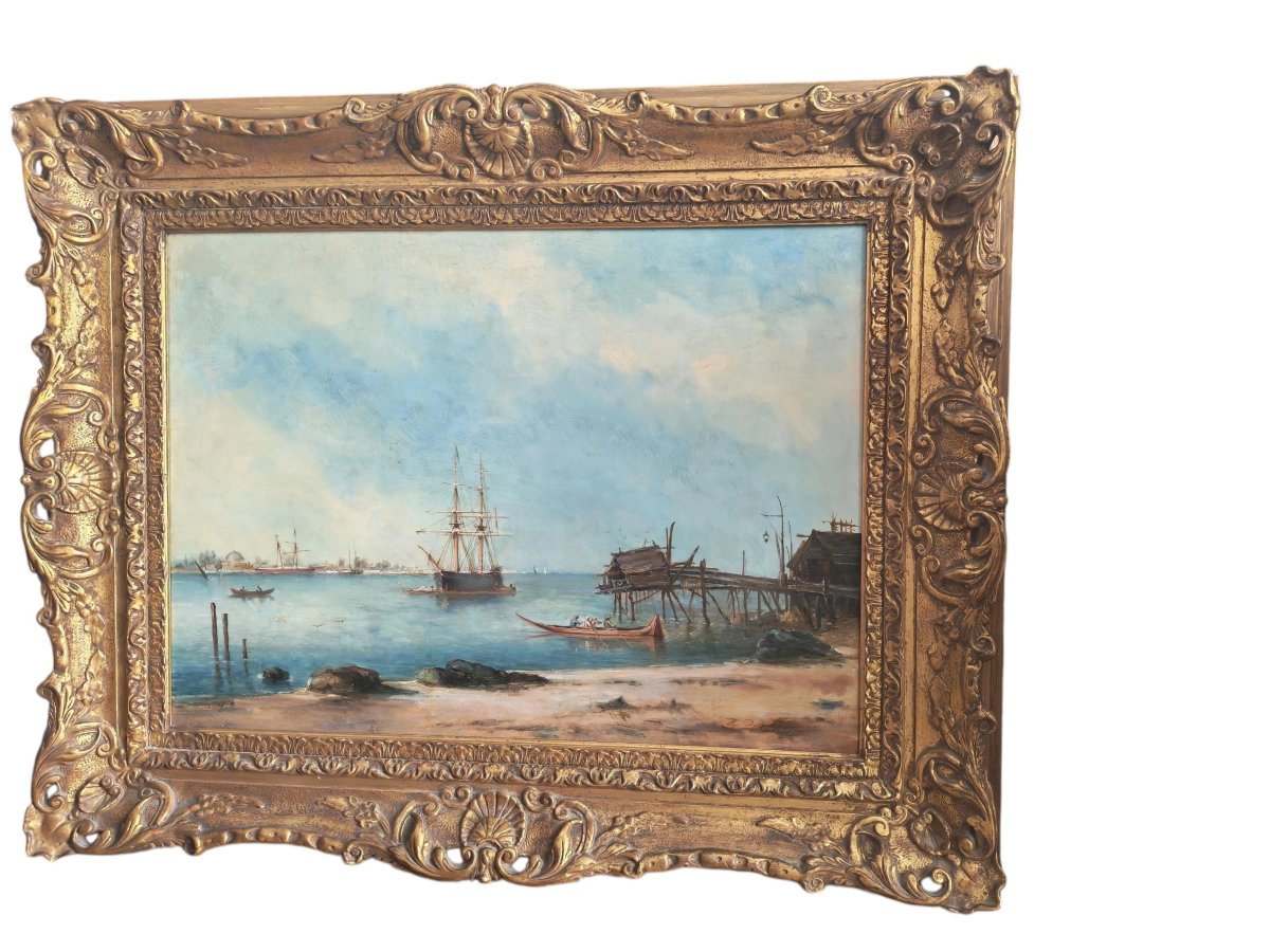 Huile sur panneau, marine orientaliste signe Henri Duvieux - XIXeme
