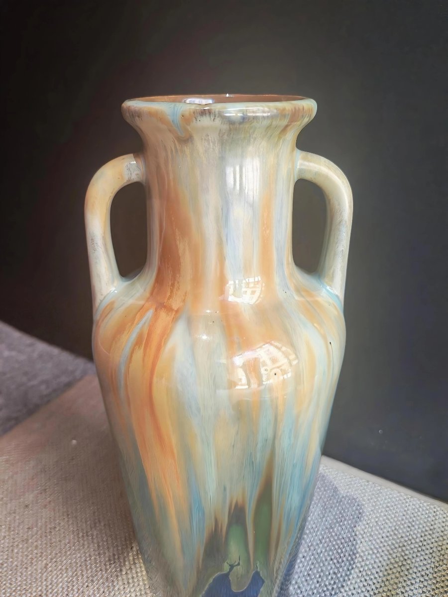Pair Of Handled Vases In Flambé-glazed Stoneware, Impressed With The Denbac Mark, Circa 1925.-photo-2