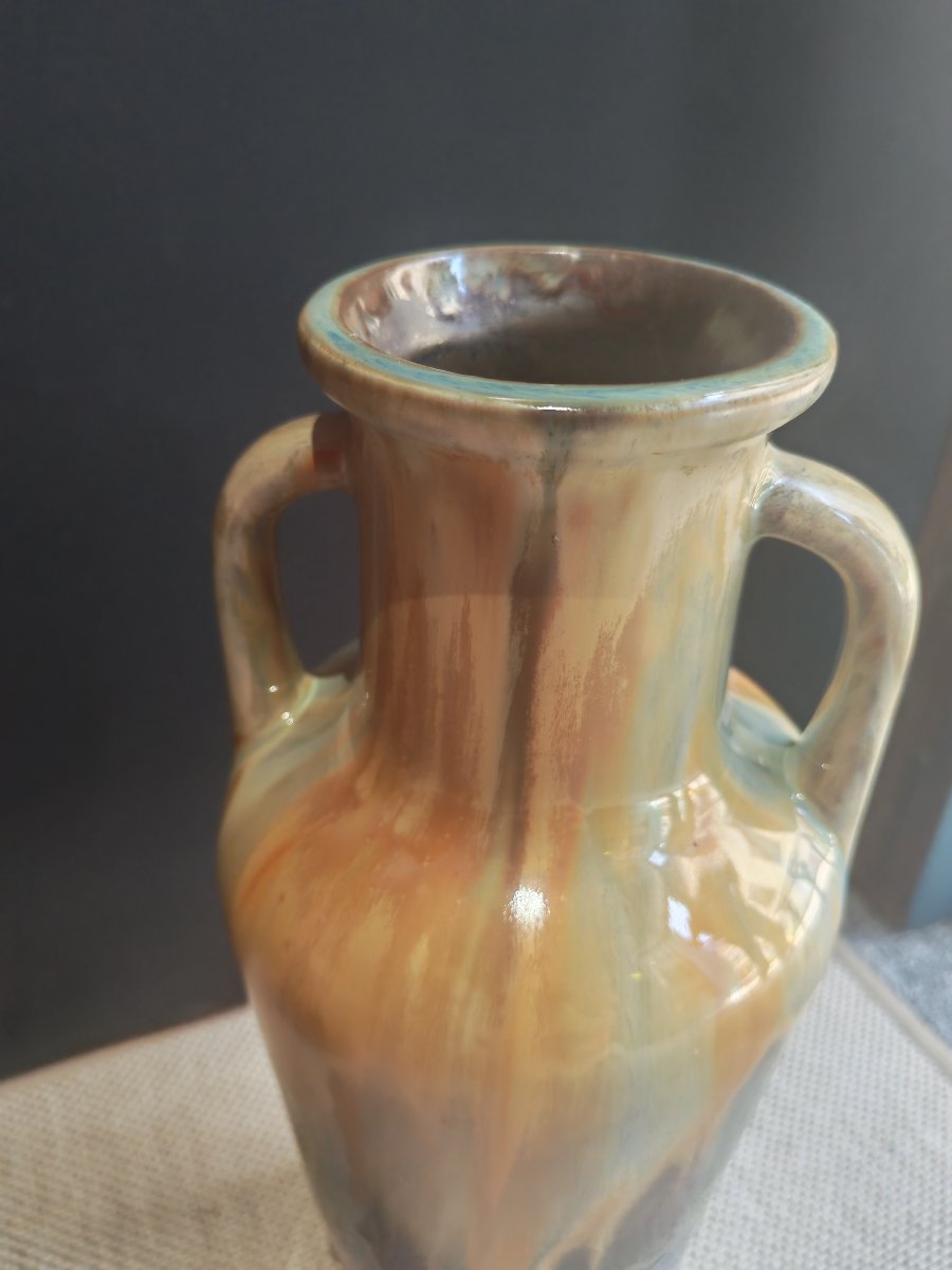 Pair Of Handled Vases In Flambé-glazed Stoneware, Impressed With The Denbac Mark, Circa 1925.-photo-1