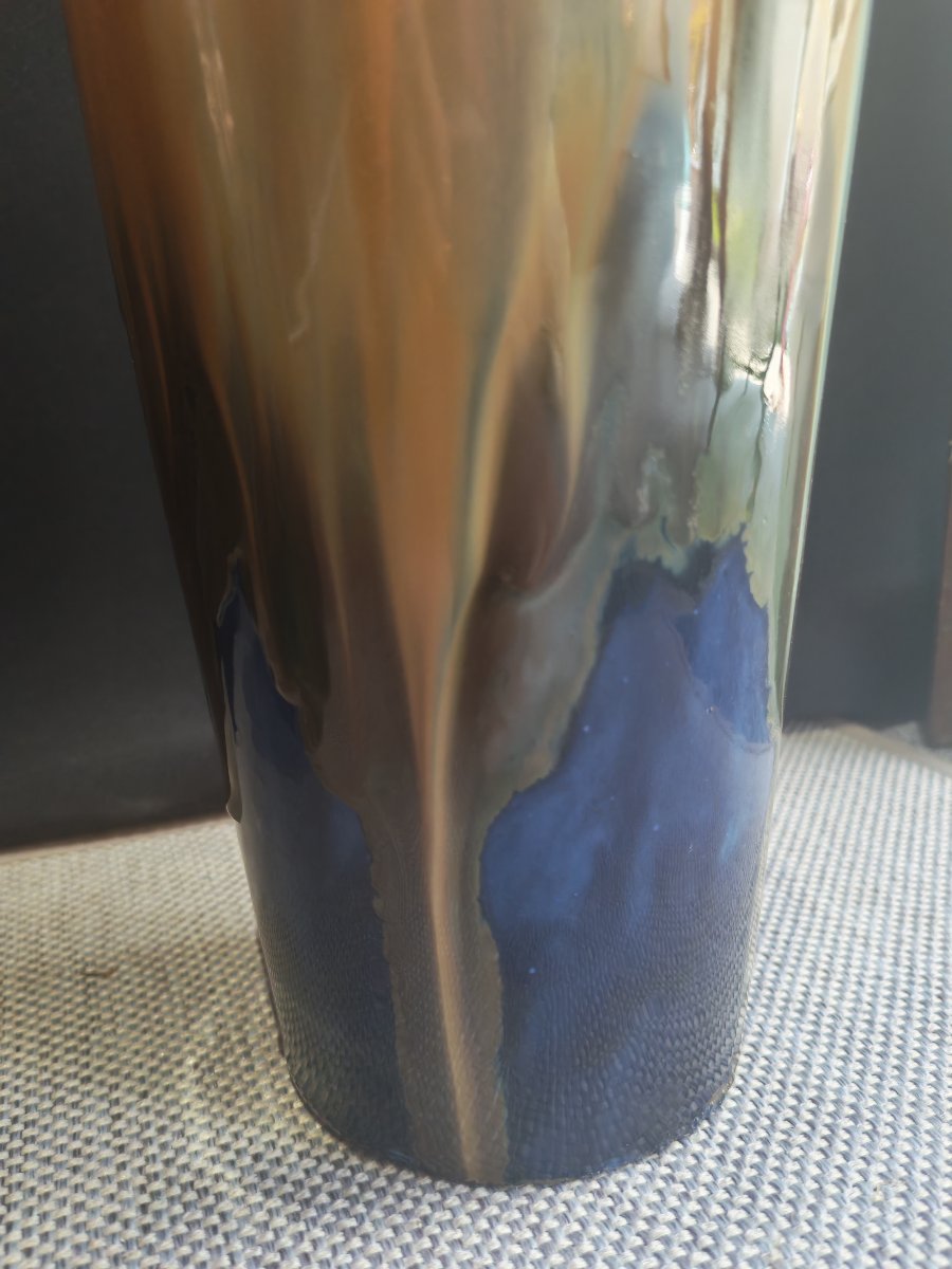 Pair Of Handled Vases In Flambé-glazed Stoneware, Impressed With The Denbac Mark, Circa 1925.-photo-2