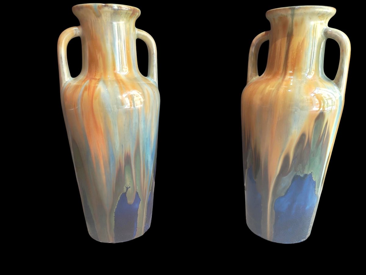 Pair Of Handled Vases In Flambé-glazed Stoneware, Impressed With The Denbac Mark, Circa 1925.