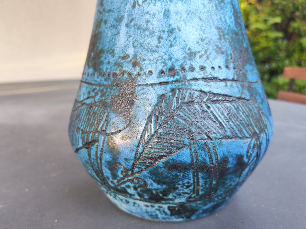 Vase signe Jacques BLIN 1950-1960 , émail bleu mat nuance et tacheté-photo-3