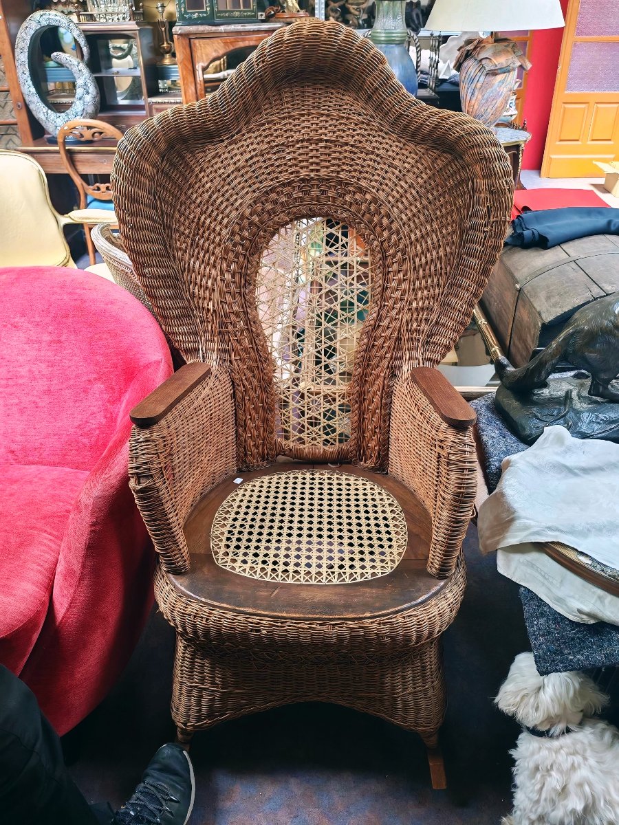20th-century Woven Rattan Rocking Chair With Rosewood Armrests And Seat.-photo-4