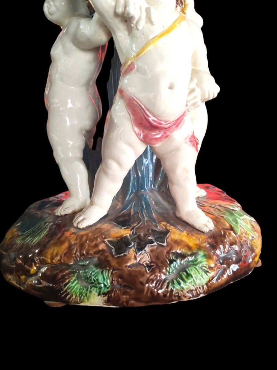 19th-century Barbotine Basin Depicting Three Putti, By Sergent-thomas.-photo-3