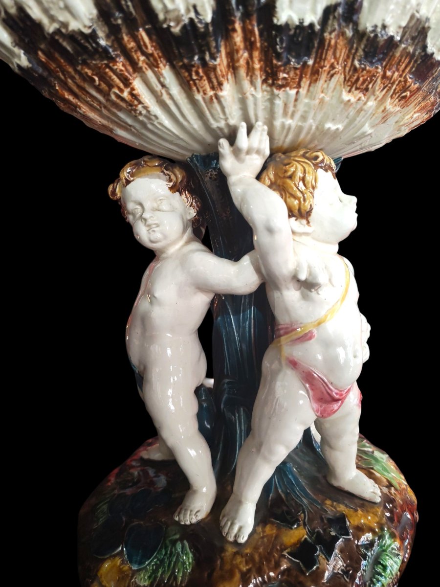 19th-century Barbotine Basin Depicting Three Putti, By Sergent-thomas.-photo-4