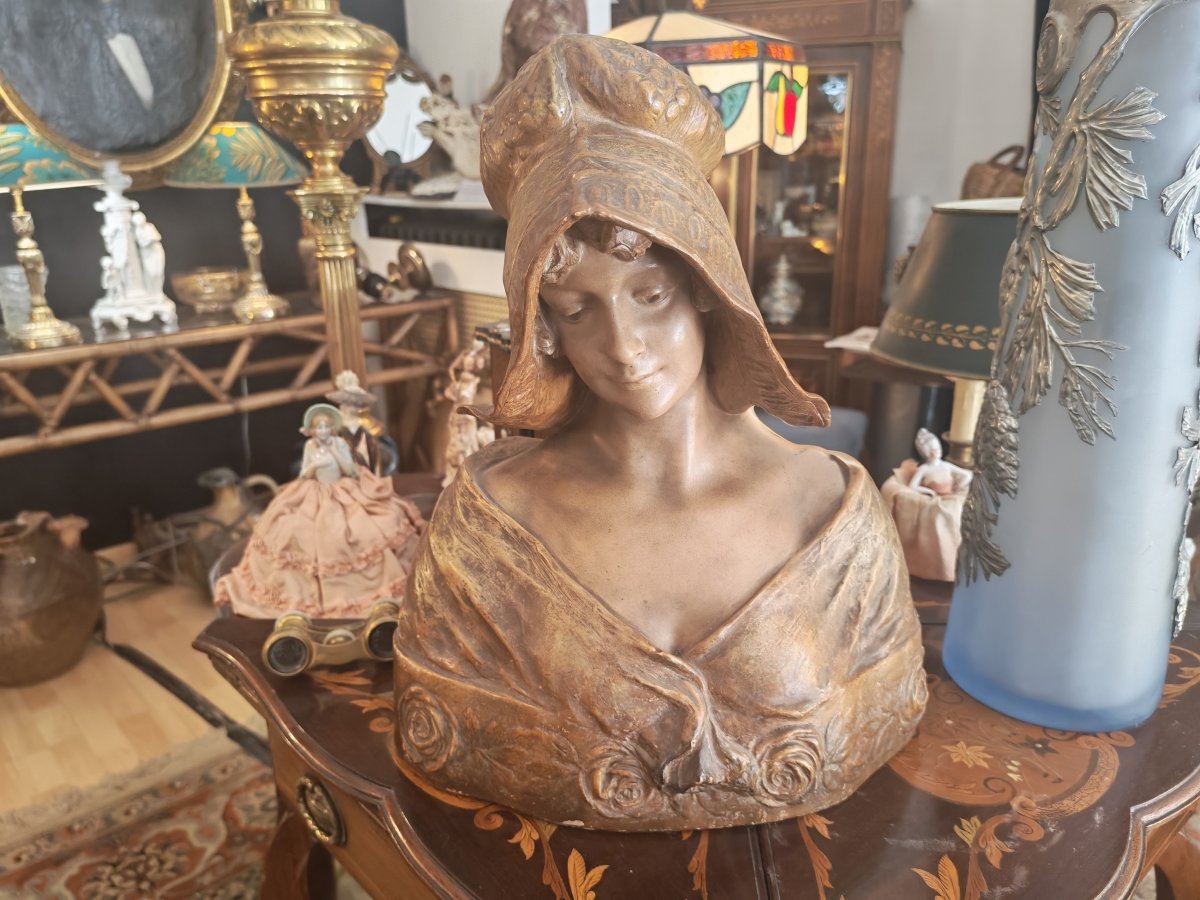 Signed 19th-century Art Nouveau Polychrome Terracotta Bust By Goldscheider.-photo-2