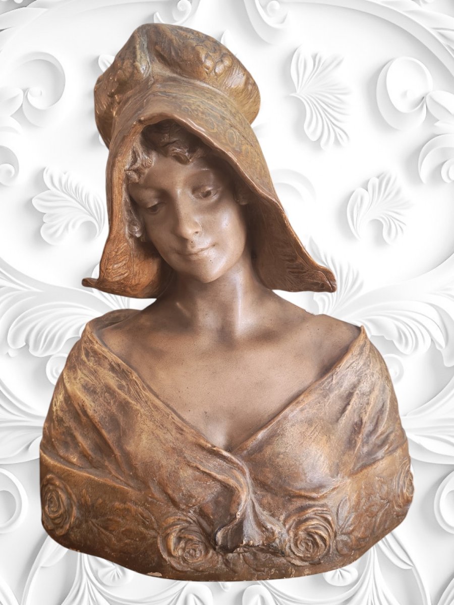 Signed 19th-century Art Nouveau Polychrome Terracotta Bust By Goldscheider.