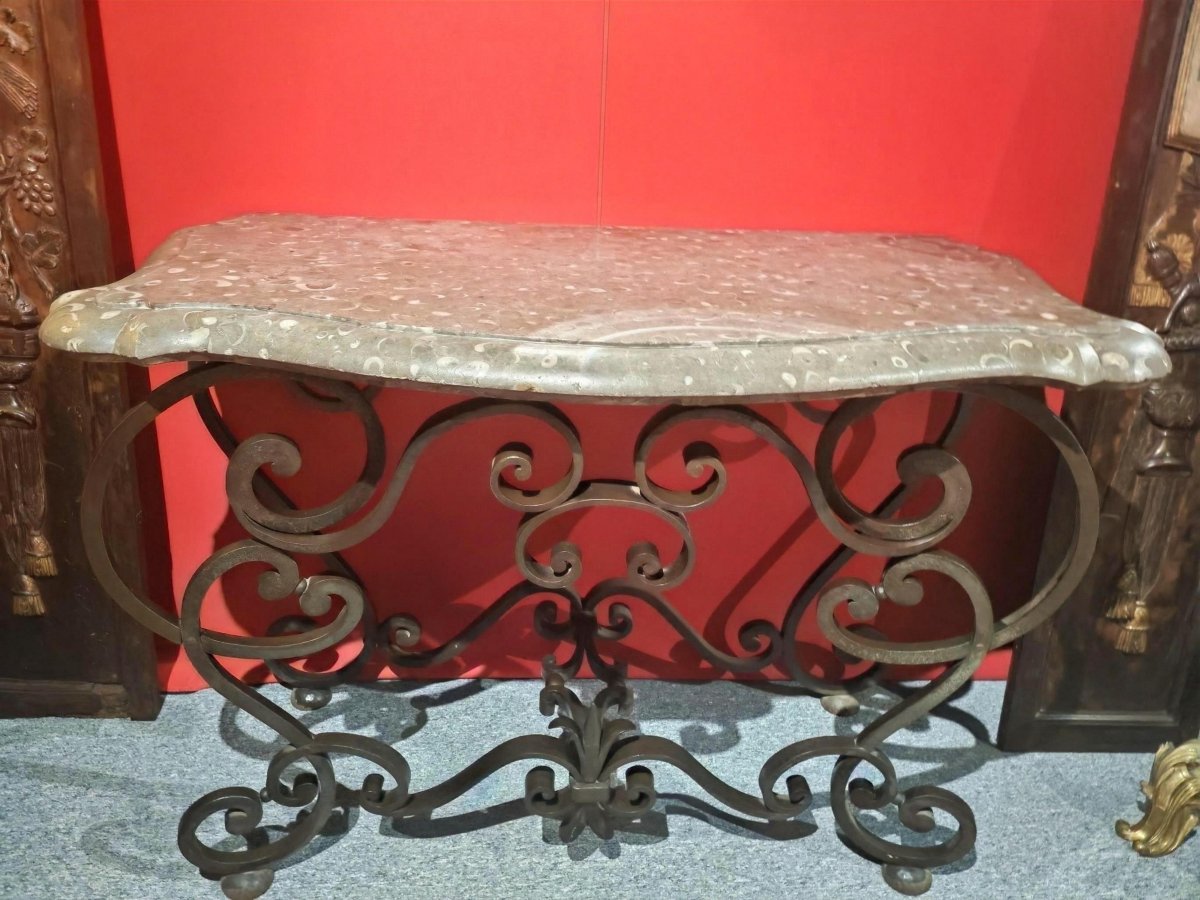 Console en fer forgé et marbre lumachelle, fossilisé, époque XXeme style Louis XV-photo-3