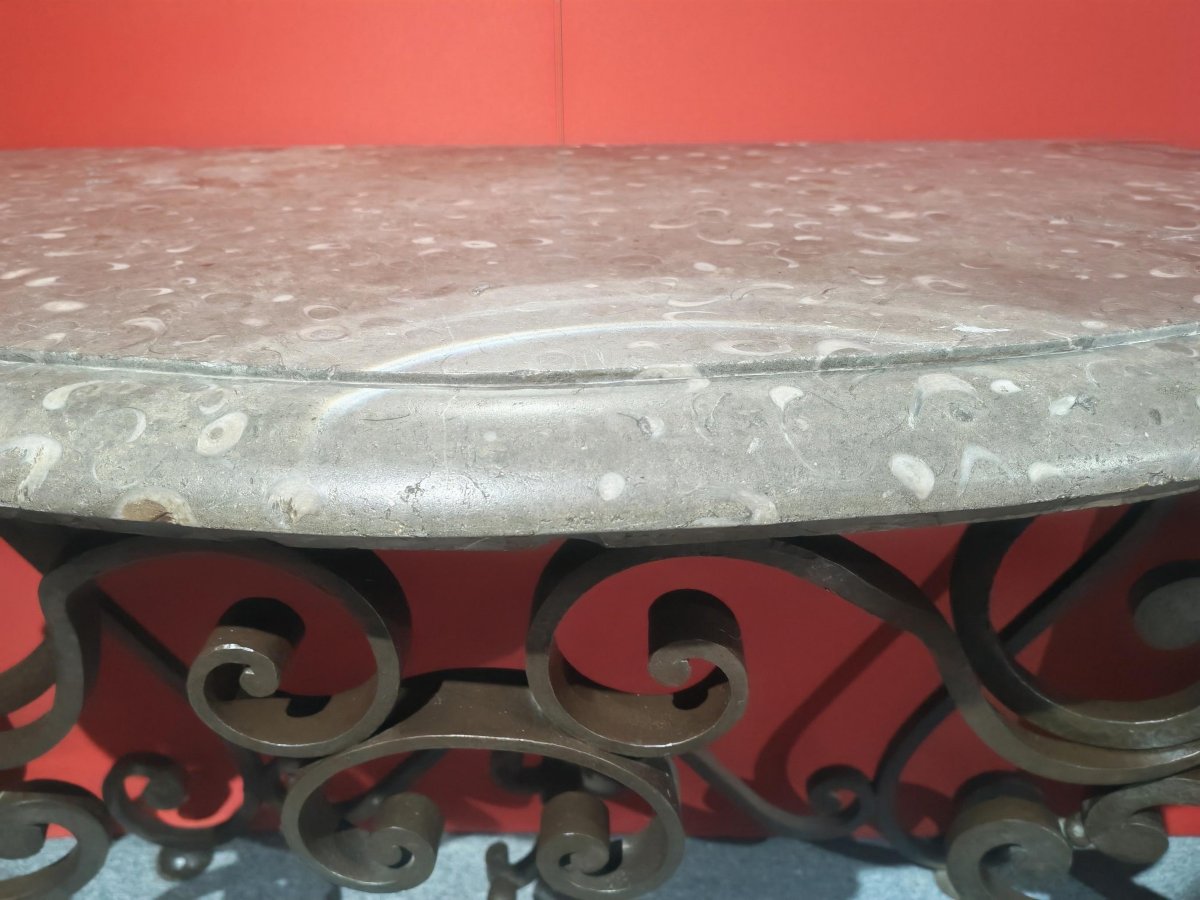 Console en fer forgé et marbre lumachelle, fossilisé, époque XXeme style Louis XV-photo-3