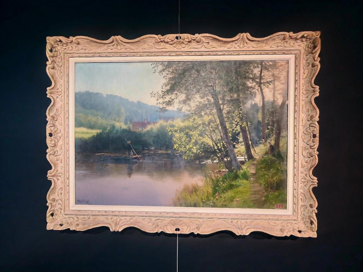 Huile sur toile des berges des Alpes Mancelles signé Mary Renard 1902