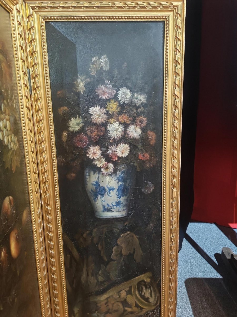 Four-panel Folding Screen With Floral Still Lifes – Signed M. Caron, Dated 1887 -photo-4
