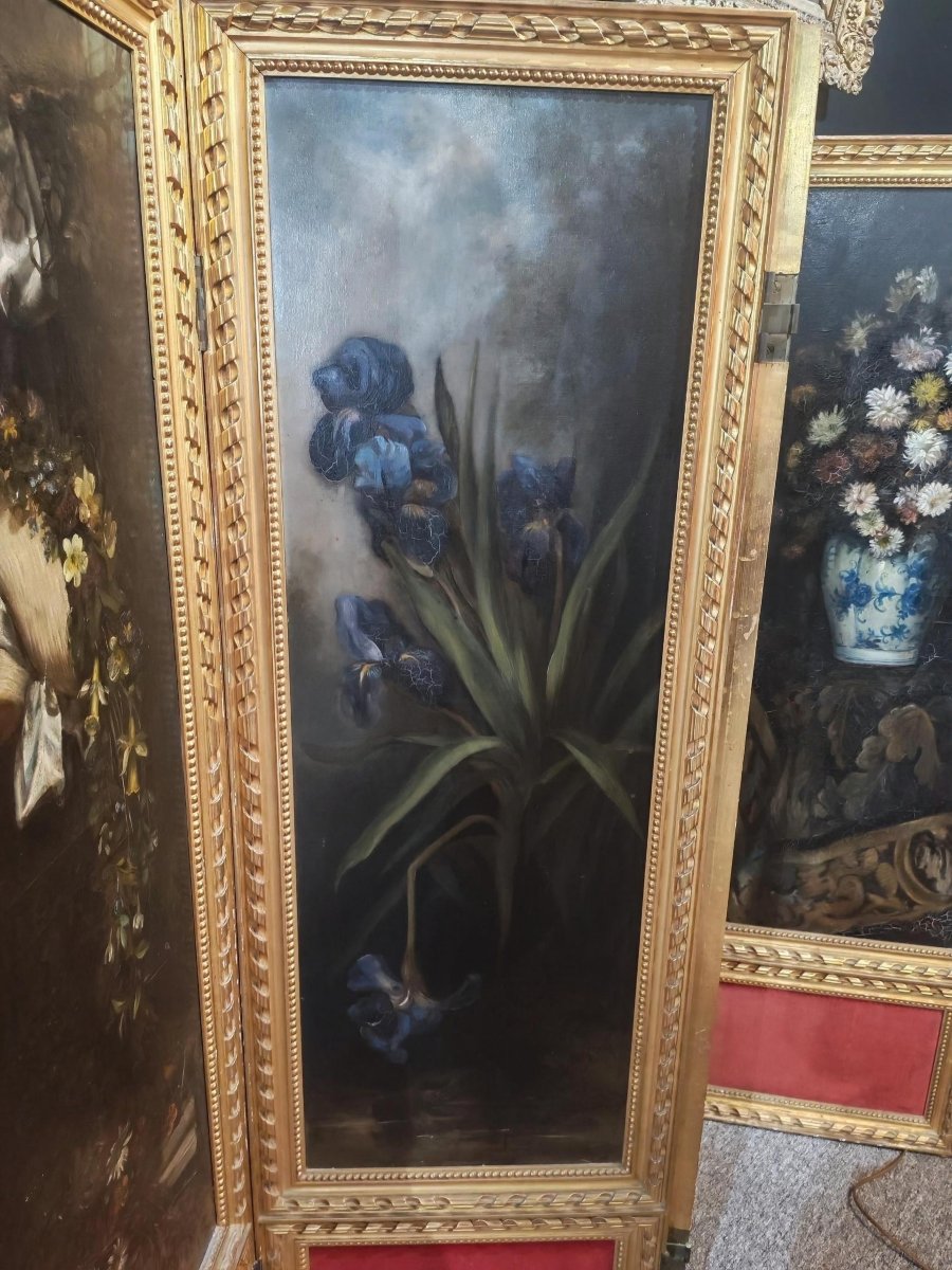Four-panel Folding Screen With Floral Still Lifes – Signed M. Caron, Dated 1887 -photo-5