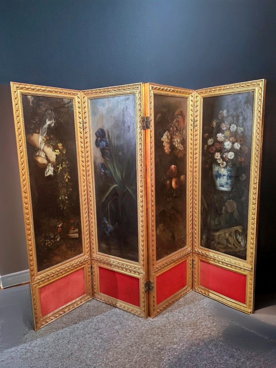 Four-panel Folding Screen With Floral Still Lifes – Signed M. Caron, Dated 1887 