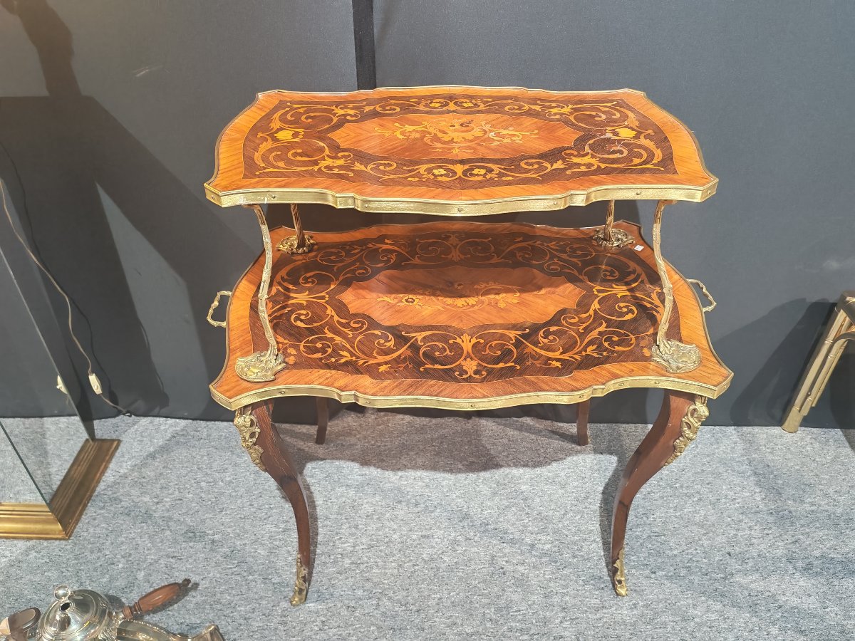 Table a the a deux plateaux en marqueterie, style Louis XV, XIXEme-photo-4