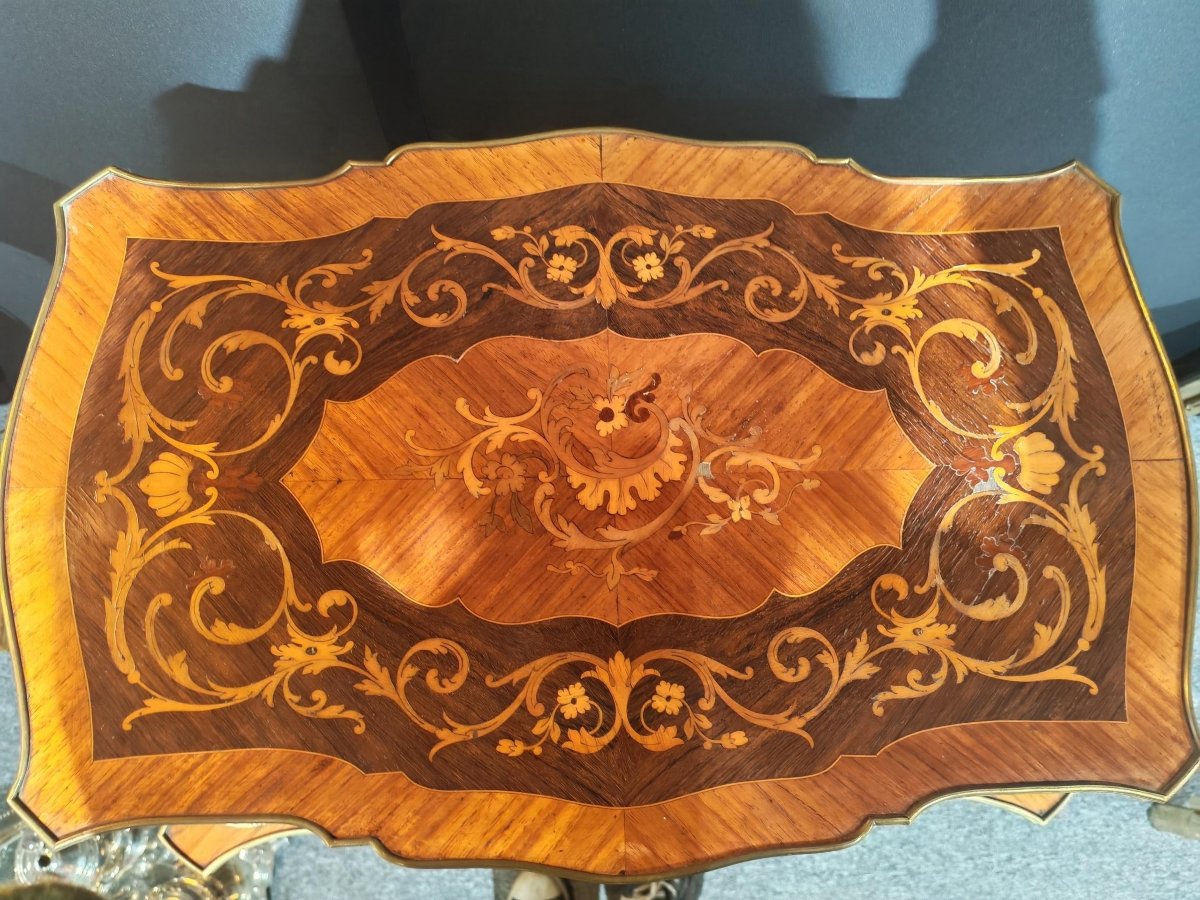 Table a the a deux plateaux en marqueterie, style Louis XV, XIXEme-photo-4