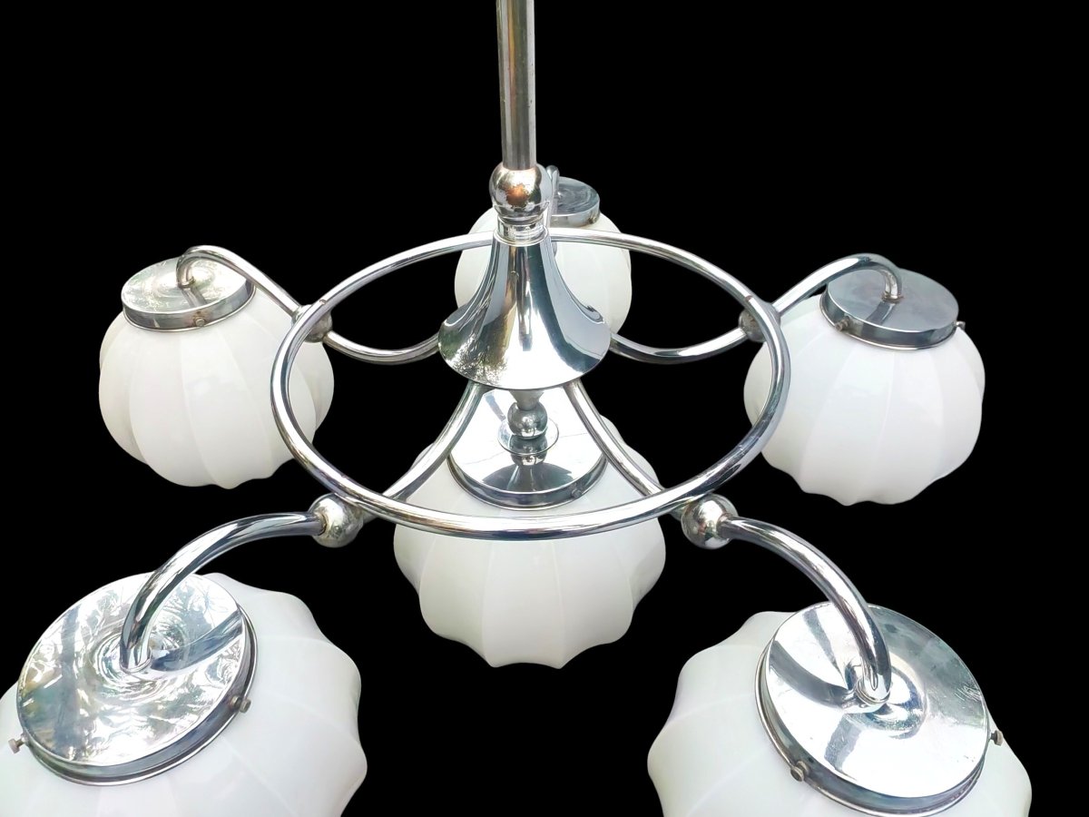 Lustre chromé Art Déco moderniste a 5 branches circa 1930-photo-2