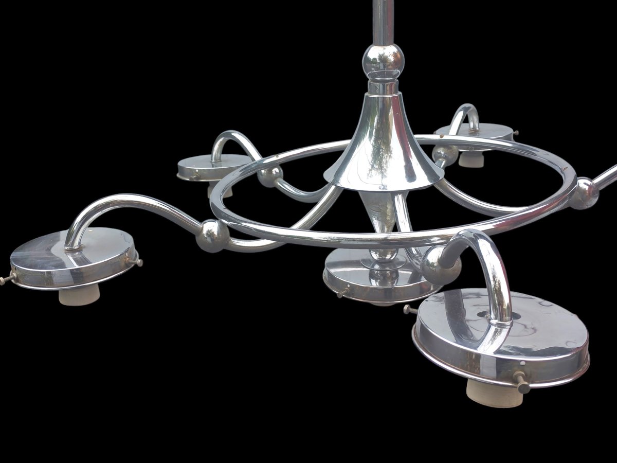 Lustre chromé Art Déco moderniste a 5 branches circa 1930-photo-3