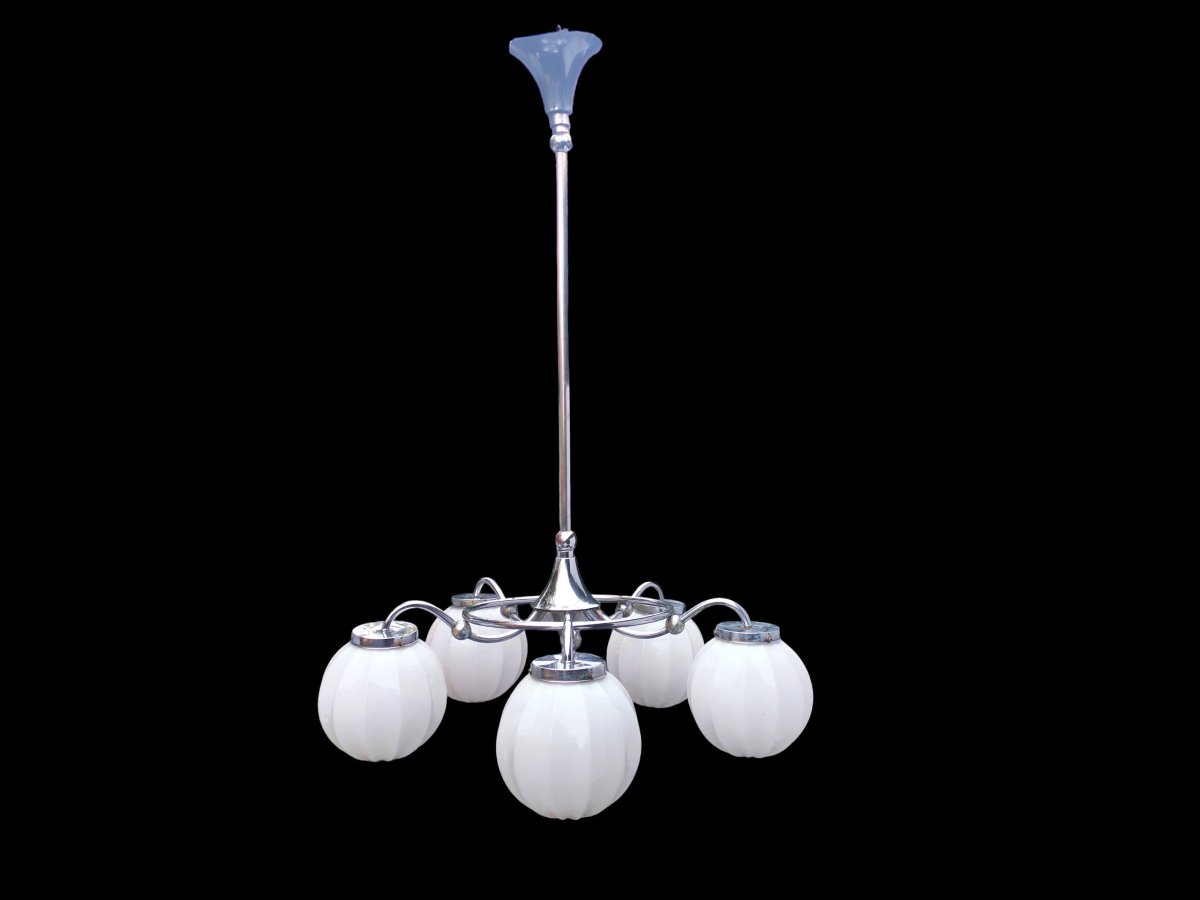Lustre chromé Art Déco moderniste a 5 branches circa 1930