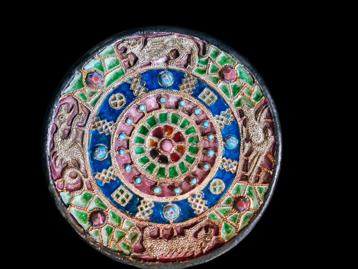 Round Glazed Stoneware Dish With Enamel Work By Belgian Ceramic Artist Jules Guérin, 20th Century