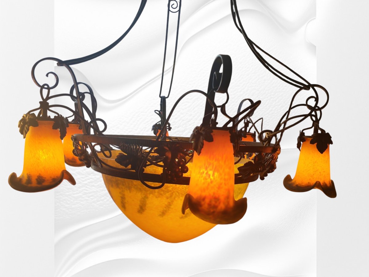 Important Art Deco Pendant Chandelier, Signed Marchand Paris-photo-3