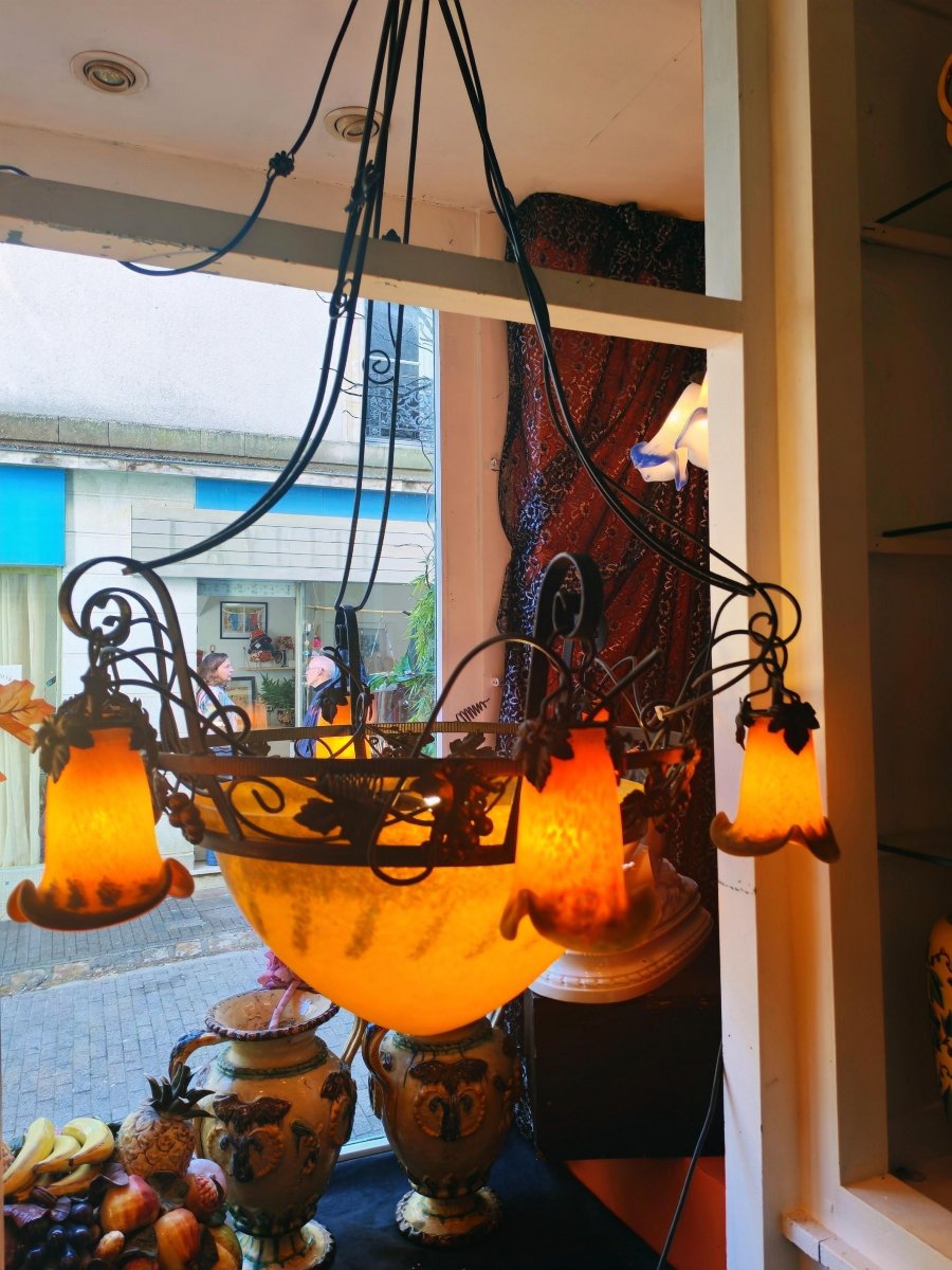 Important Art Deco Pendant Chandelier, Signed Marchand Paris-photo-4