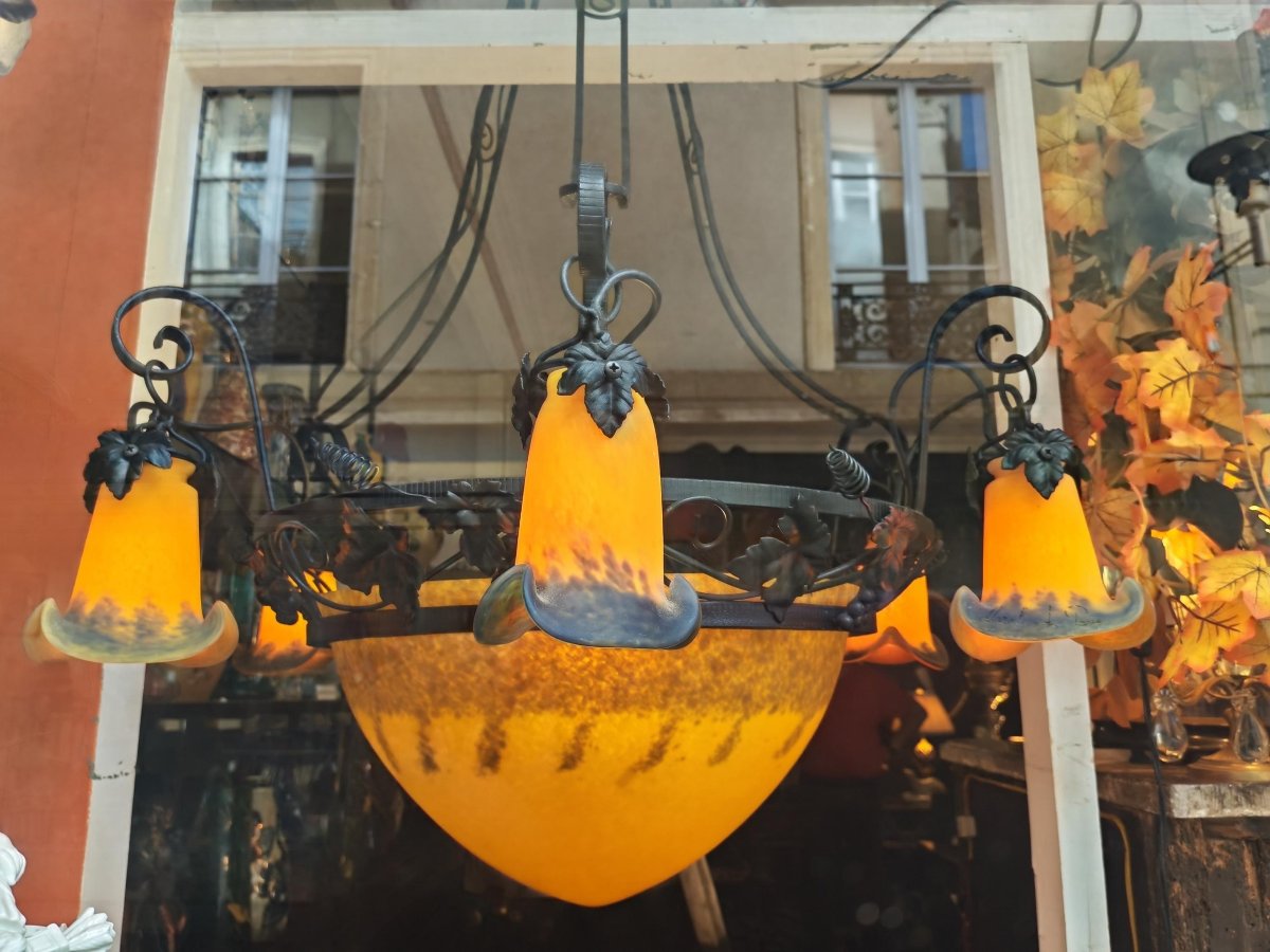 Important Art Deco Pendant Chandelier, Signed Marchand Paris-photo-2