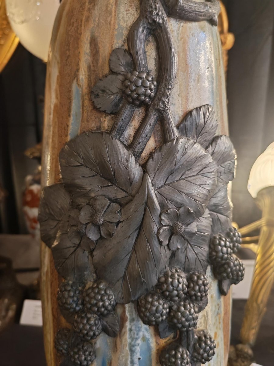 Large Glazed Stoneware Piece With Nuanced Drip Glazes, Signed Roger Guérin, Bouffioux, 20th Cen-photo-3