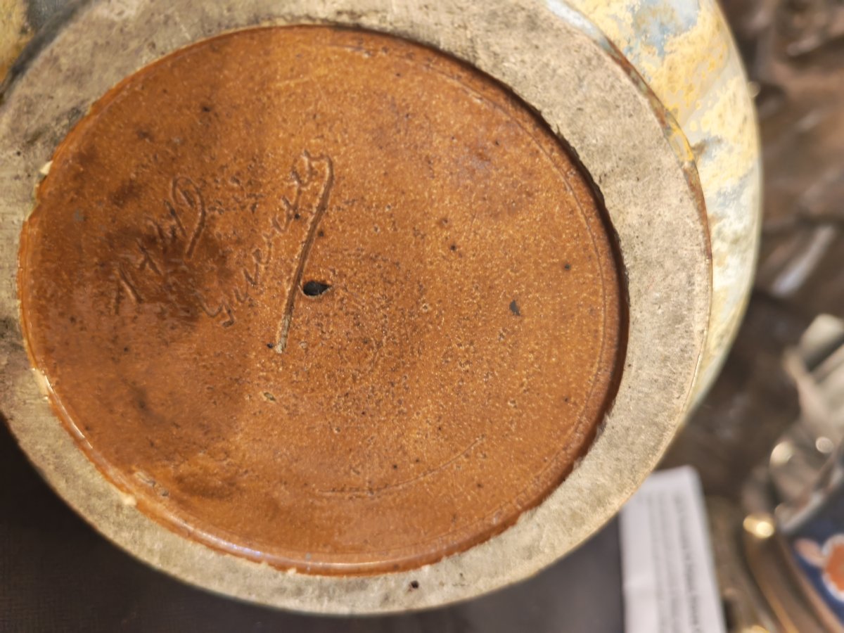 Large Glazed Stoneware Piece With Nuanced Drip Glazes, Signed Roger Guérin, Bouffioux, 20th Cen-photo-1