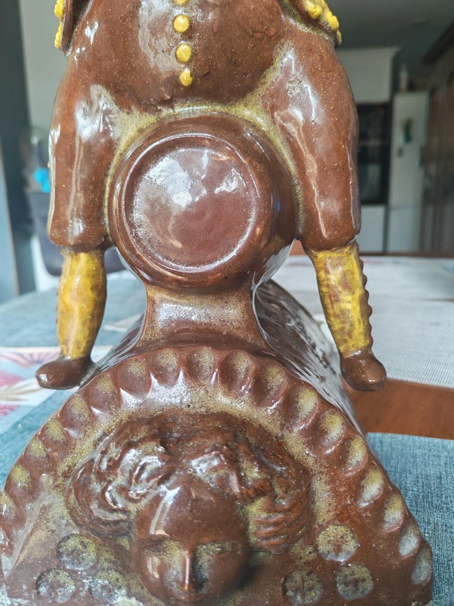 Sculpture, Anthropomorphic Ridge Finial In Glazed Earthenware, Signed "poterie De Barfleur," 19-photo-3
